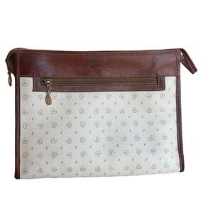Vintage Pollini Zippered Top Clutch with Iconic Cream and Brown Monogram